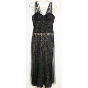 Teri Jon By‎ Rickie Freeman Black Gold Illusion Sequin Tulle Gown Dress Size 4